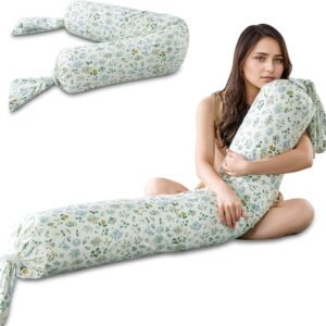 Full Body Pillow for Adults & Pregnancy - 55" Extra Long Round Cylinder Pillow for Side Sleepers, Adjustable Firmness, Breathable & Washable with Removable Floral Pillowcase