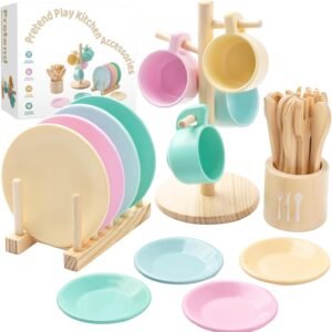 GAGAKU Kids Wooden Play Dishes Set -27Pcs Montessori Play Kitchen Accessories Plates and Bowls Set, Storage Stand & Play Food, Pretend Cooking Toys for Ages 3-5, Educational Gift for Toddler