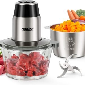 GANIZA Food Processors, Electric Food Chopper with Meat Grinder & Vegetable Chopper - 2 Bowls (8 Cup+8 Cup) with Powerful 450W Copper Motor - Includes 2 Sets of Bi-Level Blades for Fruits/Meat/Nuts
