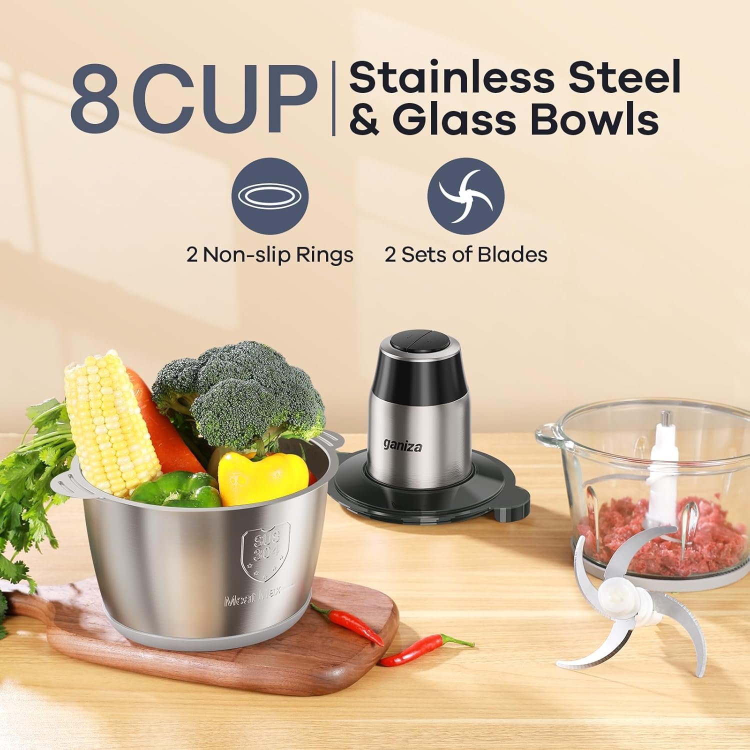 GANIZA Food Processors, Electric Food Chopper with Meat Grinder & Vegetable Chopper - 2 Bowls (8 Cup+8 Cup) with Powerful 450W Copper Motor - Includes 2 Sets of Bi-Level Blades for Fruits/Meat/Nuts - Image 2