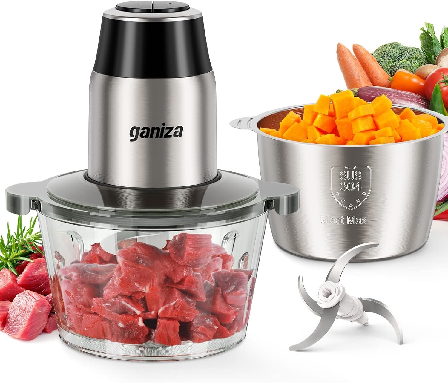 GANIZA Food Processors, Electric Food Chopper with Meat Grinder & Vegetable Chopper - 2 Bowls (8 Cup+8 Cup) with Powerful 450W Copper Motor - Includes 2 Sets of Bi-Level Blades for Fruits/Meat/Nuts