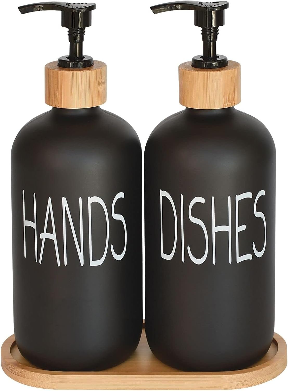 Glass Soap Dispenser Set. Hand and Dish with Bamboo Tray. Vintage Pump for Kitchen Sink Bathroom. Stylish Permanent Labels (Matte Black)