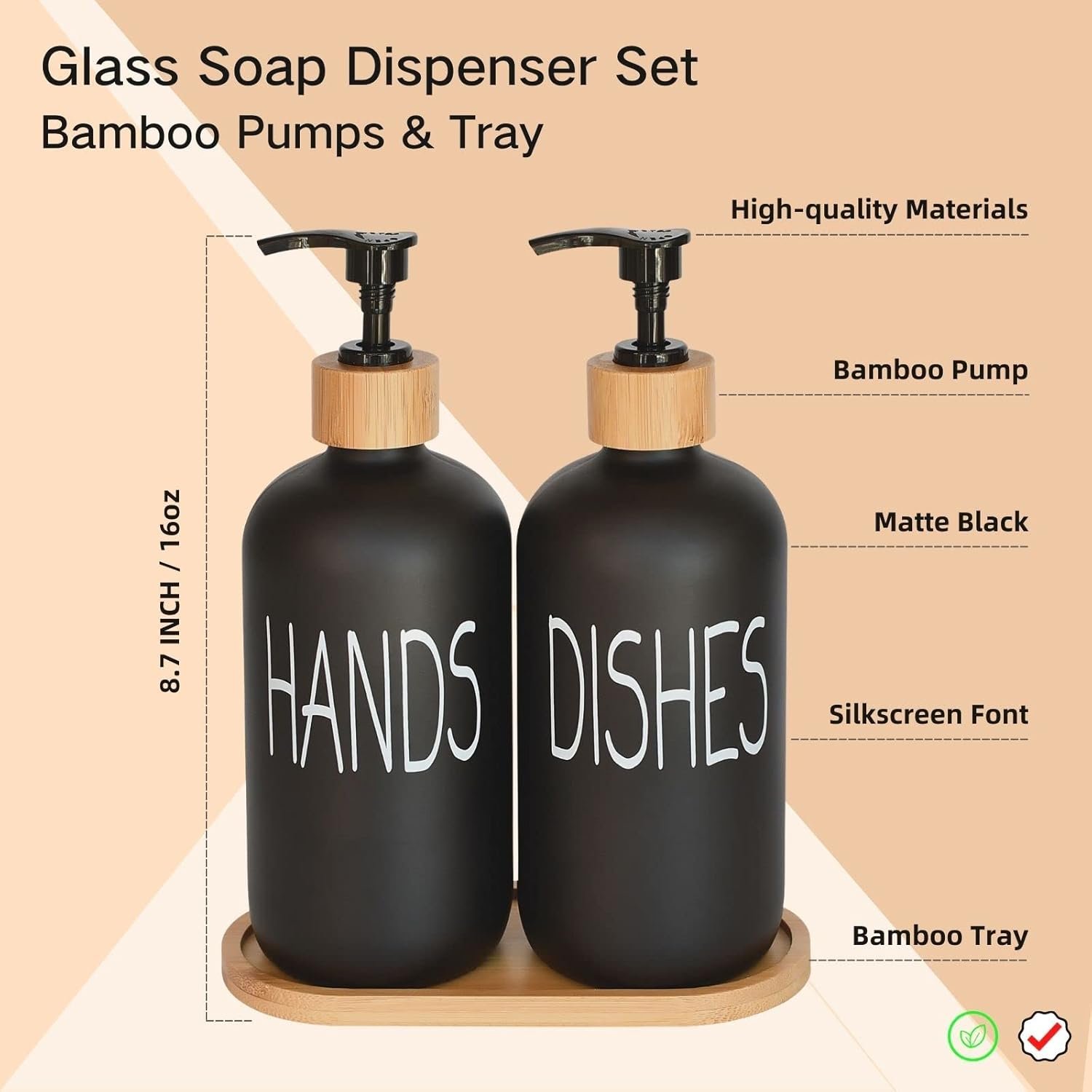 Glass Soap Dispenser Set. Hand and Dish with Bamboo Tray. Vintage Pump for Kitchen Sink Bathroom. Stylish Permanent Labels (Matte Black) - Image 2