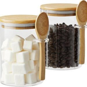 Glass Sugar Container with Spoon - 2 Pack 15oz Glass Jars with Bamboo Lid and Spoon, Bamboo Lid Storage Jar Canister for Coffee Beans, Spice, Brown Sugar, Tea, Flour, Nuts, Candy, Salts and More