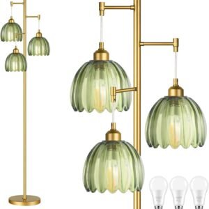 Gold Floor Lamp for Living Room,Bedroom,Mid Century Modern Standing Lamp Brass Tree 3 Light Tall Floor Lamps Vintage Retro Floor Lights Glass Green Flower Lamp Shade Farmhouse Boho Bohemian