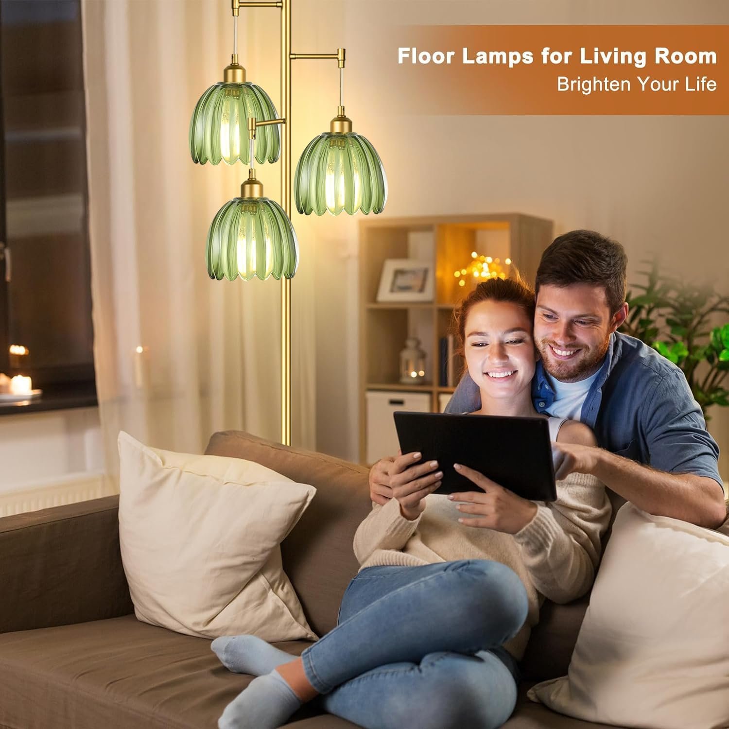 Gold Floor Lamp for Living Room,Bedroom,Mid Century Modern Standing Lamp Brass Tree 3 Light Tall Floor Lamps Vintage Retro Floor Lights Glass Green Flower Lamp Shade Farmhouse Boho Bohemian - Image 2