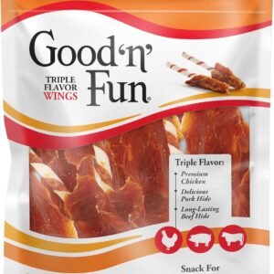 Good ‘n’ Fun Triple Flavor Wings Chews for All Dogs, 12 Ounces, Treat Your Dog to Long-Lasting Chews Made from Chicken, Pork Hide and Beef Hide