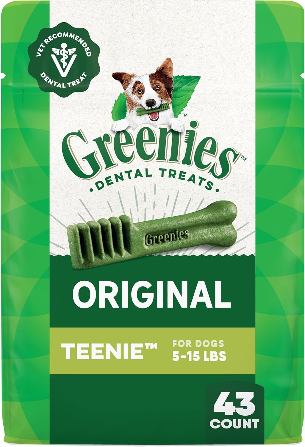 Greenies Veterinarian-Recommended Adult Natural Dental Dog Treats Teenie Size, Dog Dental Chews, Original Flavor, 12 oz. Pack, 43 Count