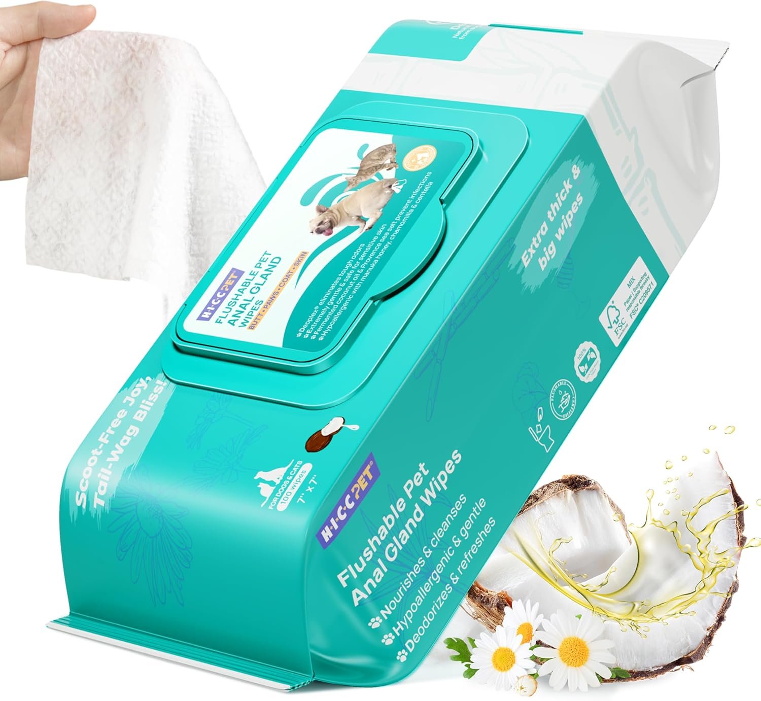 HICC PET Wipes for Dogs & Cats, Cleansing Deodorizing & Soothing Allergy Infections Anal Gland Pets Wipes with Coconut Oil - Dog Grooming Wipes for Butt and Paw - Hypoallergenic & Vet Recommended