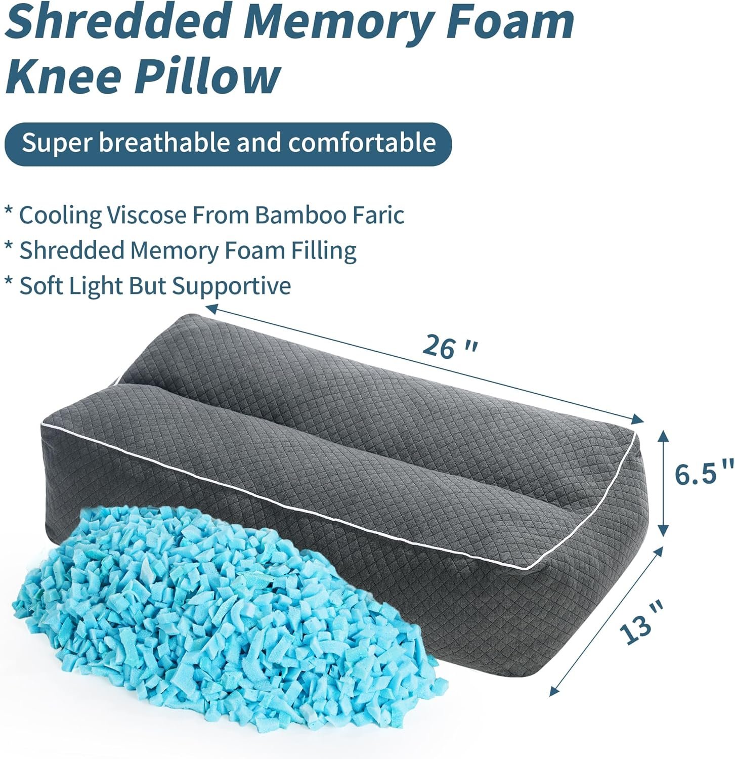 HOMBYS Shredded Memory Foam Knee Pillow for Side Sleepers, 6.5" Height Pillow Between Legs for Aligns Spine & Relieves Pressure Hip & Leg Elevation, Supportive Pillow for Pregnancy, Sciatica, Grey - Image 2