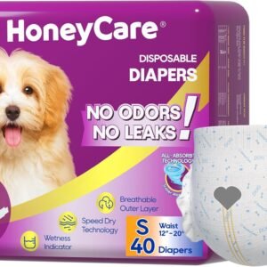 HONEY CARE All-Absorb Disposable Female Dog Diapers Small Size, Improved, 40 Count, Super Absorbent, Breathable, Wetness Indicator (Pack of 1, 40 Count Total)