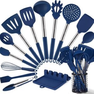 HOTEC 446°F Heat Resistant Silicone Kitchen Utensils, BPA Free Cooking Utensil Set, Spatula Set, Kitchen Gadgets, with Stainless Steel Utensils Holder, Dishwasher Safe, 14pcs Classic Blue