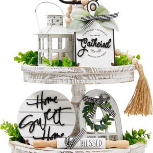 Houmury Set of 17 Farmhouse Tiered Tray with 1 Lantern Artificial Plant& Cutting Board Sign for Rustic Home Sweet Home Kitchen Decor Tier Tray Decor Set