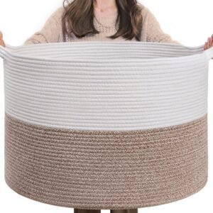 INDRESSME XXXLarge Blanket Basket for Living Room 21.7" x 21.7" x 13.8"-Storage Basket with Handle for Organizing Toy Pillows Woven Cotton Rope Laundry Basket Stuffed Animal Toy Storage for Play Room