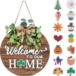 Interchangeable Seasonal Welcome Sign Front Door Decoration, Rustic Round Wood Wreaths Wall Hanging Outdoor, Farmhouse, Porch, for Spring Summer Fall All Seasons Holiday Halloween Christmas.