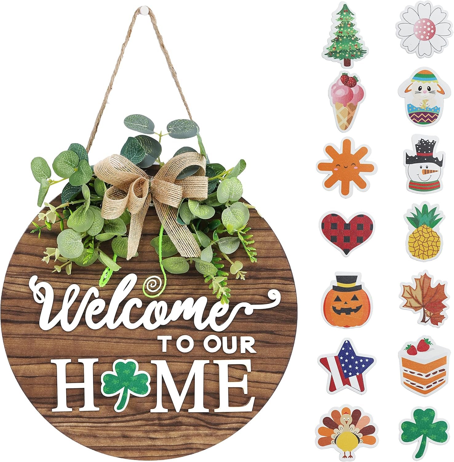 Interchangeable Seasonal Welcome Sign Front Door Decoration, Rustic Round Wood Wreaths Wall Hanging Outdoor, Farmhouse, Porch, for Spring Summer Fall All Seasons Holiday Halloween Christmas.