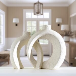 Interlocked Decorative Vase Set of 2 | Matte Sand-Textured Ceramic Vases for Modern Japandi & Boho Home Decor, Standalone or with Flowers for Mantel, Shelf, Entryway Console Table (Matte Cream White)