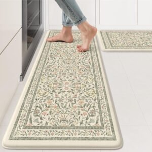 KIMODE Anti Fatigue Kitchen Mats for Floor, Boho Floral Kitchen Rugs Sets of 2, Cushioned Kitchen Floor Mats Non Slip, Comfort Rugs for Kitchen Floor Sink Laundry Desk Beige 17.3"x29"+17.3"x47"