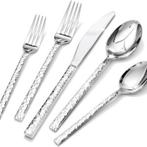 KINGSTONE 20 Piece Hammered Silverware Set, 18/10 Stainless Steel Flatware Set for 4, Cutlery Set for Home, Party, Wedding, Mirror Polished Dishwasher Safe
