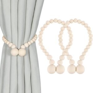 KLOGTSIND Magnetic Curtain Tiebacks, Curtain Holdbacks for Curtains 2 Pack, Wood Bead Curtain Holders for Boho Bedroom Decor, Baby Nursery Decor, Farmhouse Decor