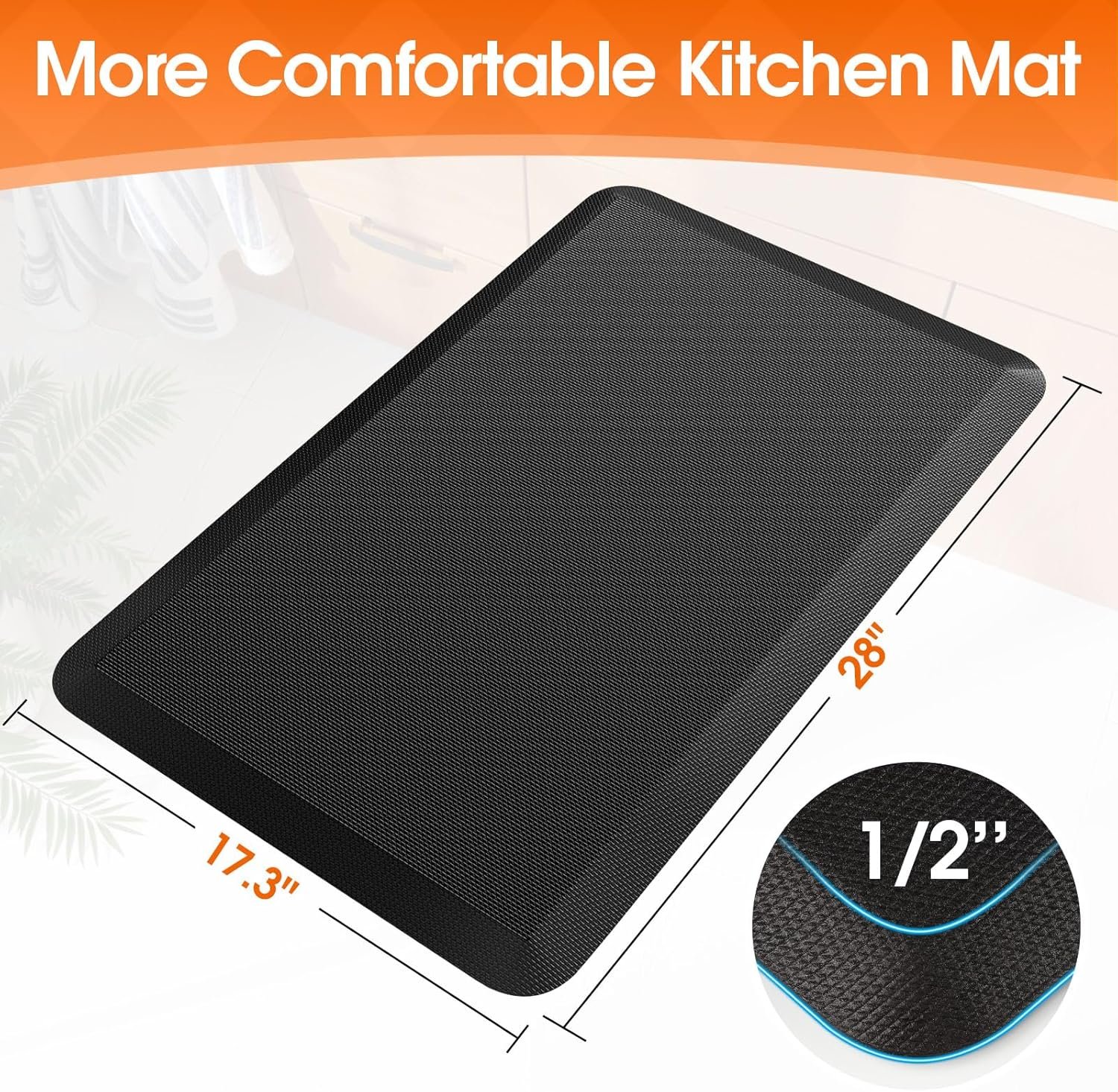 Kitchen Mat, Cushioned Thick Floor Comfort Mat, with Non-Slip Bottom, Water & Stain Resistant, Easy Clean Standing Desk Mat for Kitchen, Sink, Office (17.3"x28", Black) - Image 2