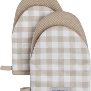 KitchenAid Gingham Mini Oven Mitt 2-Pack Set, Milkshake Tan, 5.5"x8"