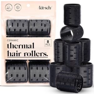 Kitsch Ceramic Thermal Hair Rollers for Women – Self Grip Hair Curlers for Heatless Curls Overnight - Volumizing Large Rollers for Short & Long Hair - For Long Lasting Frizz-Free Curls - Black, 8pcs