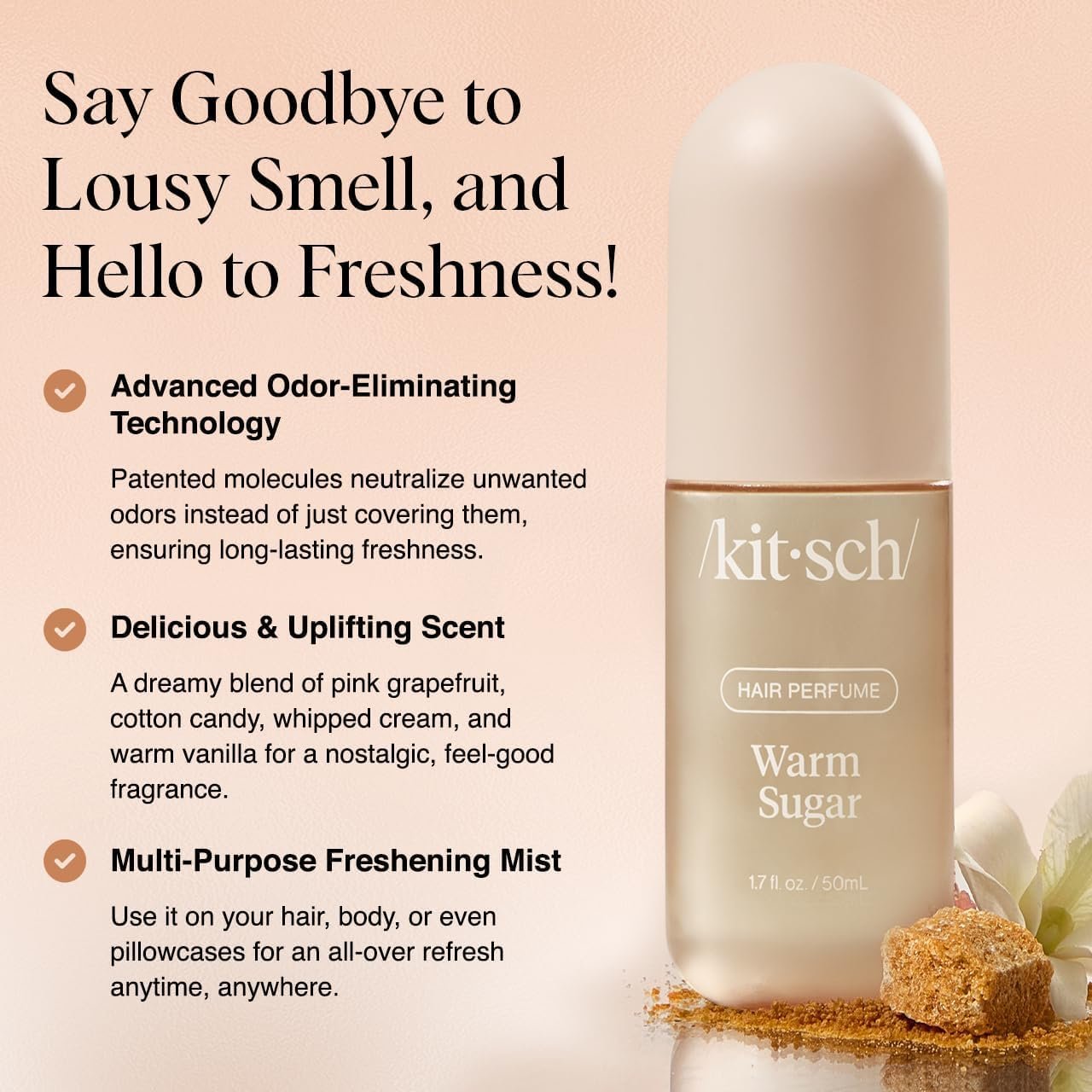 Kitsch Hair Perfume for Women - Warm Sugar | Clean, Deodorizing & Patented Odor-Eliminating Technology Hair Spray & Body Mist - Freshen Hair, Body & Pillows - Pink Grapefruit & Vanilla Scent - 50mL - Image 2