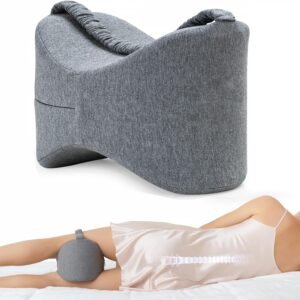Knee Leg Pillow for Side Sleepers Leg Pillow for Side Sleeping with Strap-100% Memory Foam Wedge Contour Spacer Cushion for Back,Hip Knee Pregnancy Sciatica Pain Relief Free Sleep Mask Ear Plugs Grey