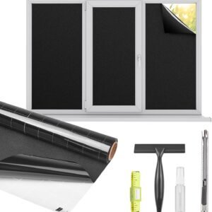 Kromapolis Blackout Window Privacy Film Total Light Blocking Room Darkening Window Covering, Removable Static Cling Frosted Glass Tint, Non-Adhesive, Black 17.5'' x 78.7''