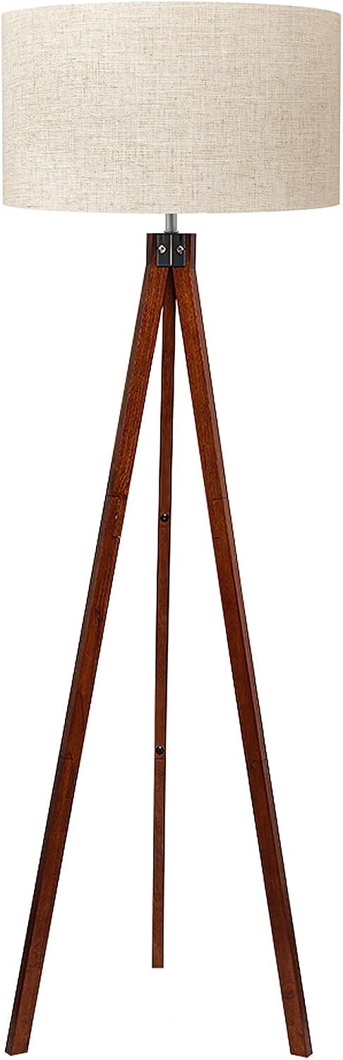 LEPOWER Wood Tripod Floor Lamp, Mid Century Standing Lamp, Modern Design Studying Light for Living Room, Bedroom, Study Room and Office, Flaxen Linen Shade with E26 Base Brown