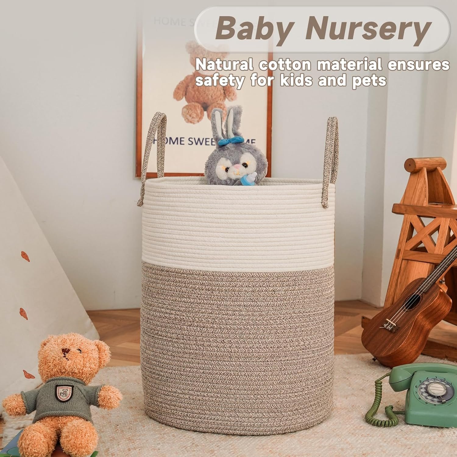 Large Woven Laundry Basket Hamper,60L Cotton Rope Storage Bin for Blankets,Toys and Clothes,Decorative Tall Nursery Hamper for Living Room,Baby Nursery,Bathroom and Bedroom,Brown - Image 2