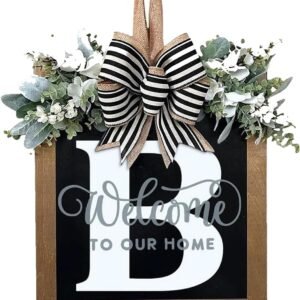 Last Name All Year Round Front Door Garland, Front Porch Decoration 26 Letter Welcome Garland and Eucalyptus and Bow Suitable for Spring Summer Winter Used for Front Door Hanging Garland (B)