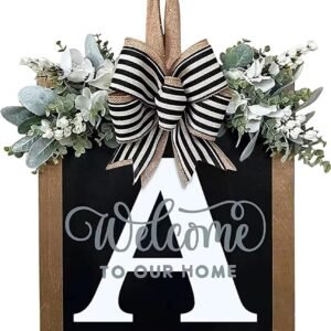 Last Name Year Round Front Door Wreath Front Porch Decoration 26 Letter Welcome Sign with Eucalyptus Garland and Bow Spring Wreaths for Front Door Outside Hanger Garland(A)