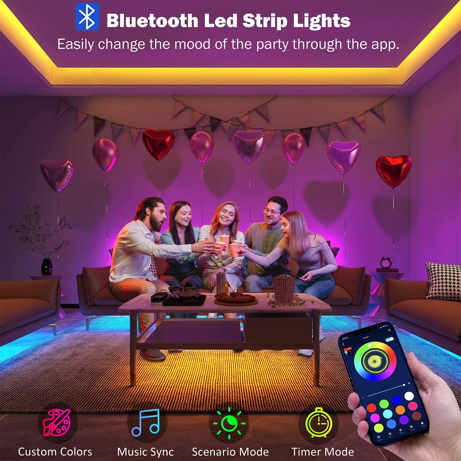 Leeleberd Led Lights for Bedroom 100 ft (2 Rolls of 50ft) Music Sync Color Changing RGB Led Strip Lights with Remote App Control Bluetooth Led Strip, Lights for Room Home Kitchen Party Decor - Image 2