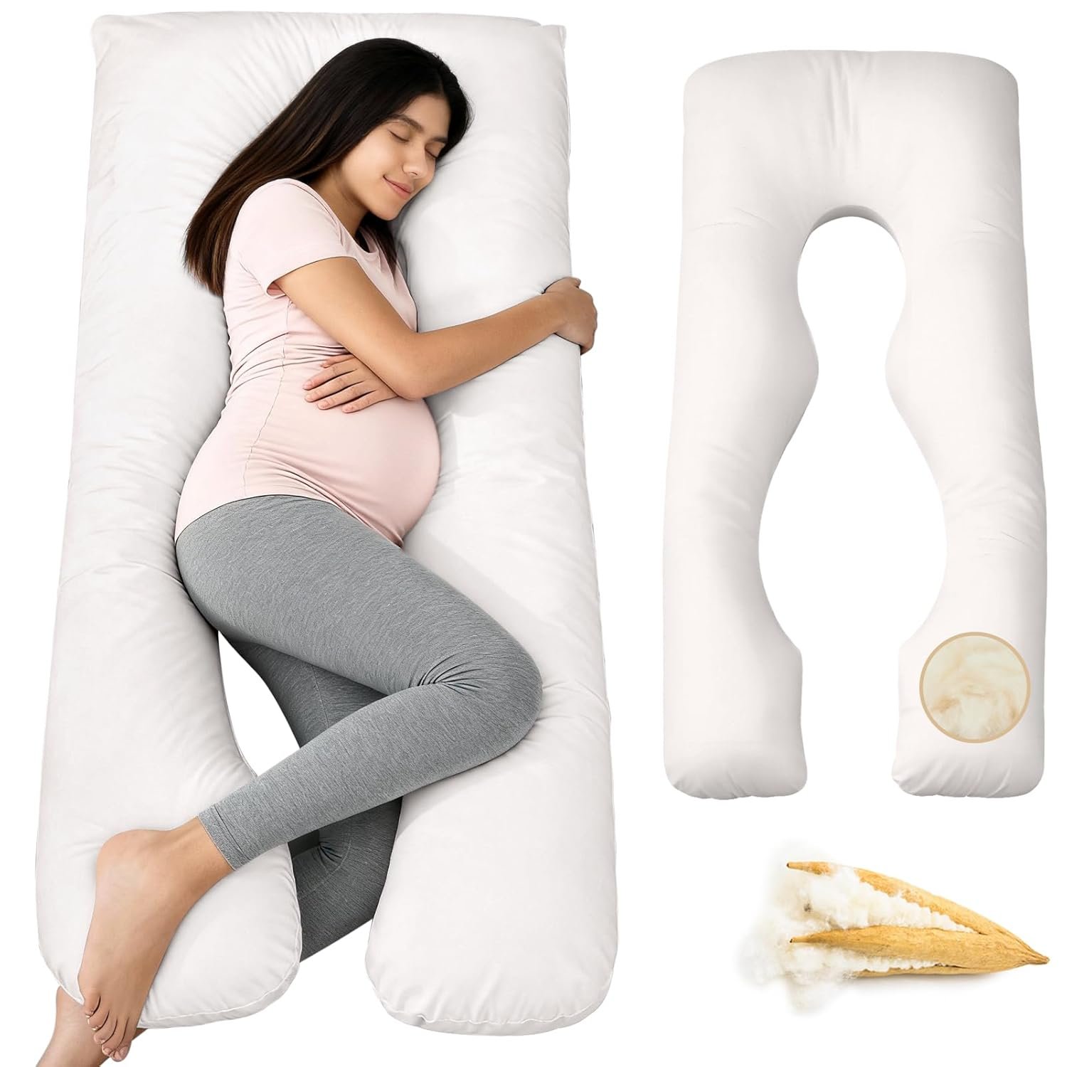 Leinuosen Pregnancy Pillow U-Shape Full Body Maternity Pillows 63 Inch Natural Kapok Fiber Filled with Breathable Cotton Shell for Legs, Back, Neck, Shoulder, HIPS, Belly for Pregnent Women
