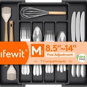 Lifewit Silverware Drawer Organizer, Expandable Utensil Tray for Kitchen, BPA Free Flatware and Cutlery Holder, Adjustable Plastic Storage for Spoons Forks Knives, 8.5-14 x 12", Black