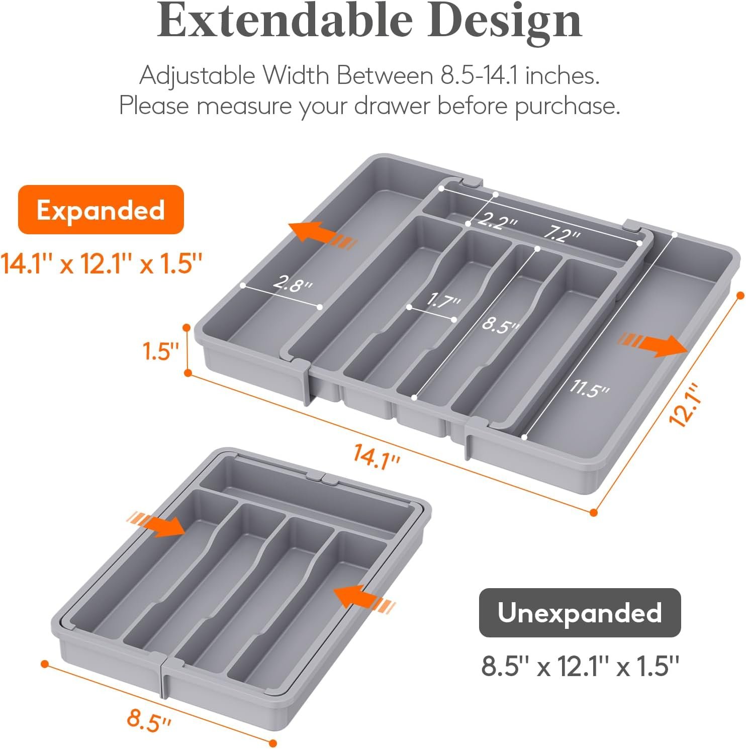 Lifewit Silverware Drawer Organizer, Expandable Utensil Tray for Kitchen, BPA Free Flatware and Cutlery Holder, Adjustable Plastic Storage for Spoons Forks Knives, 8.5-14 x 12", Gray - Image 2