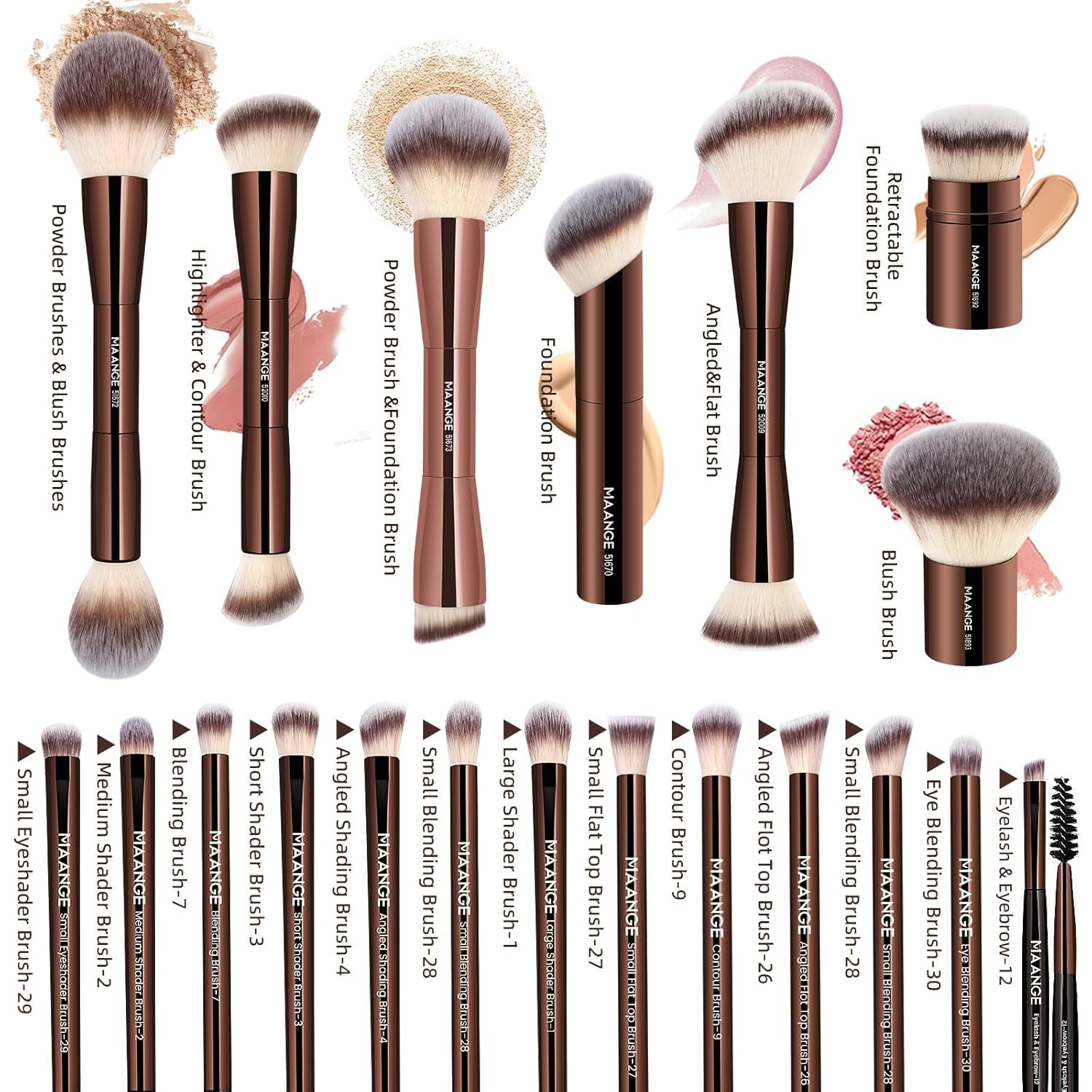 MAANGE 20 Pcs Makeup Brushes with Gift Box, Double-End Multi-functional Makeup Brushes for Blending Liquid Powder Concealer Cream Blush Buffe,CoffeeBrown - Image 2