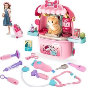 MAGIC4U Pet Cat Care Carrier Suitcase Toy, 29PCS Vet Clinic and Doctor Kit for Kids, Pet Kitty Grooming Feeding Toys, Veterinarian Pretend Play Set, Gifts for Boys and Girls Ages 3-12