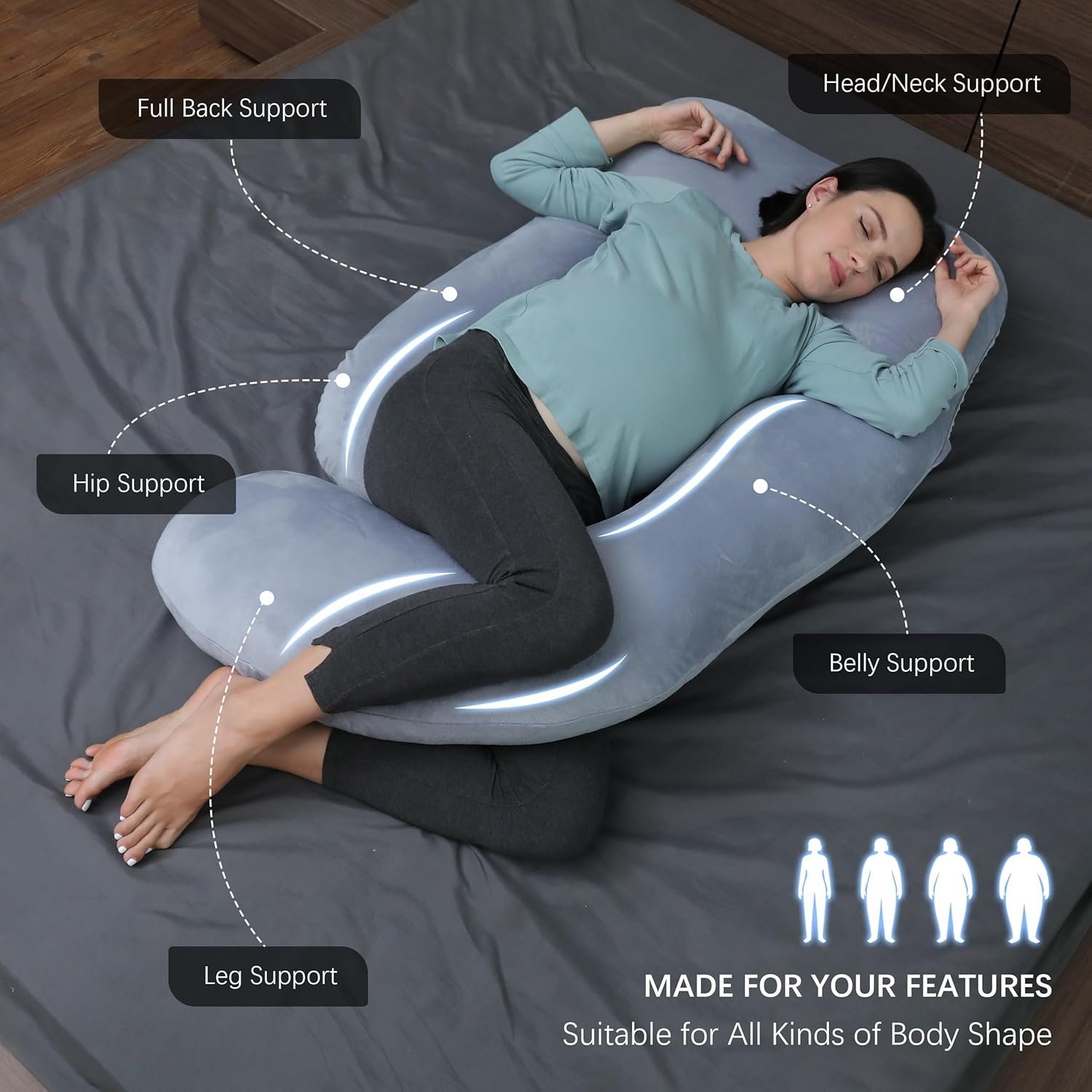 MOON PARK Pregnancy Pillows for Sleeping - 57 Inch U Shaped Full Body Maternity Pillow with Removable Cover - Support for Back, Legs, Belly, Hips - Pregnancy Pillow for Women - Grey - Image 2