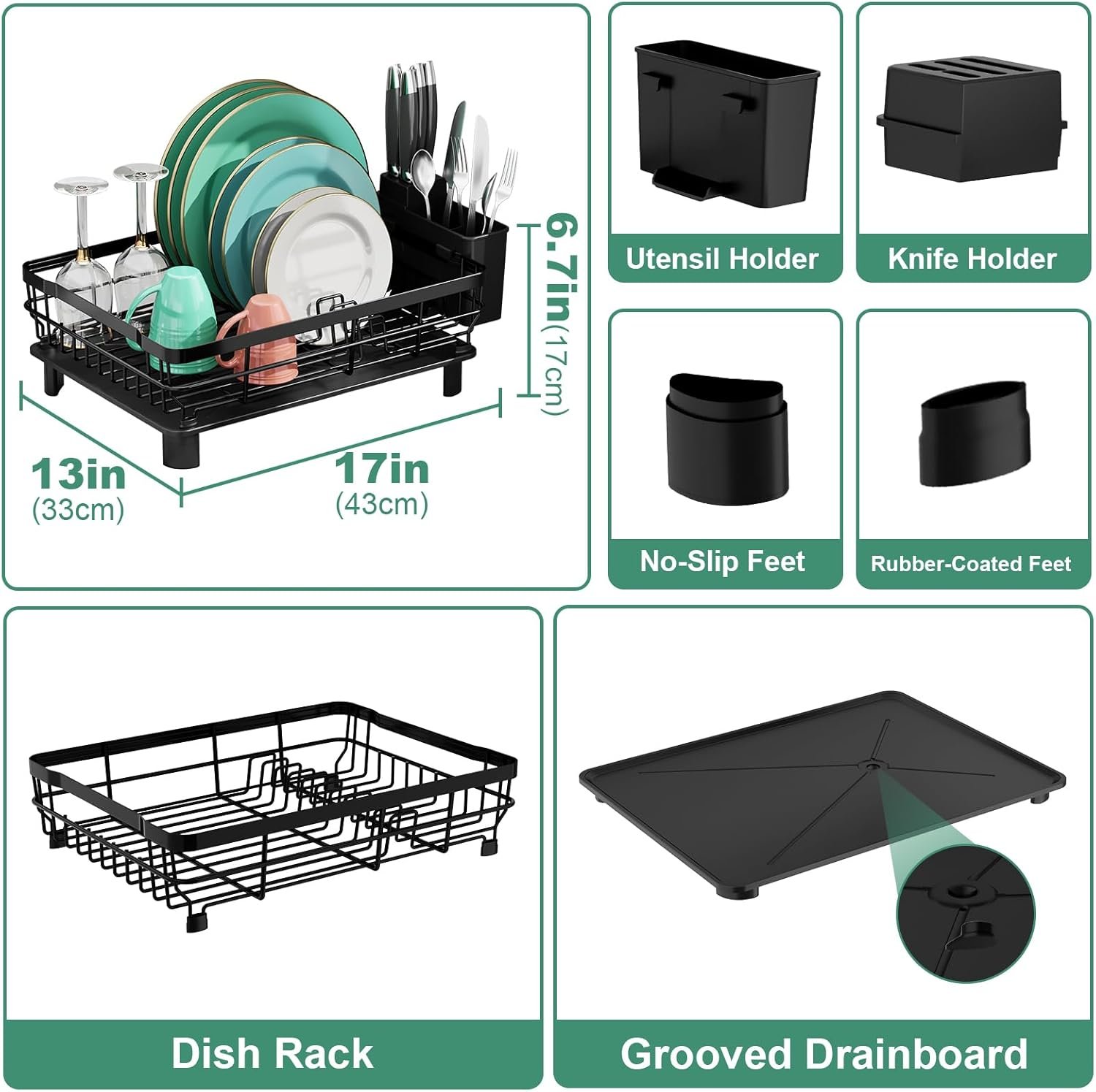MOUKABAL Dish Drying Rack, Dish Rack, Stainless Steel Dish Racks for Kitchen Counter, Dish Drainer with Removable Utensil Holder, Drainboard (Black) - Image 2