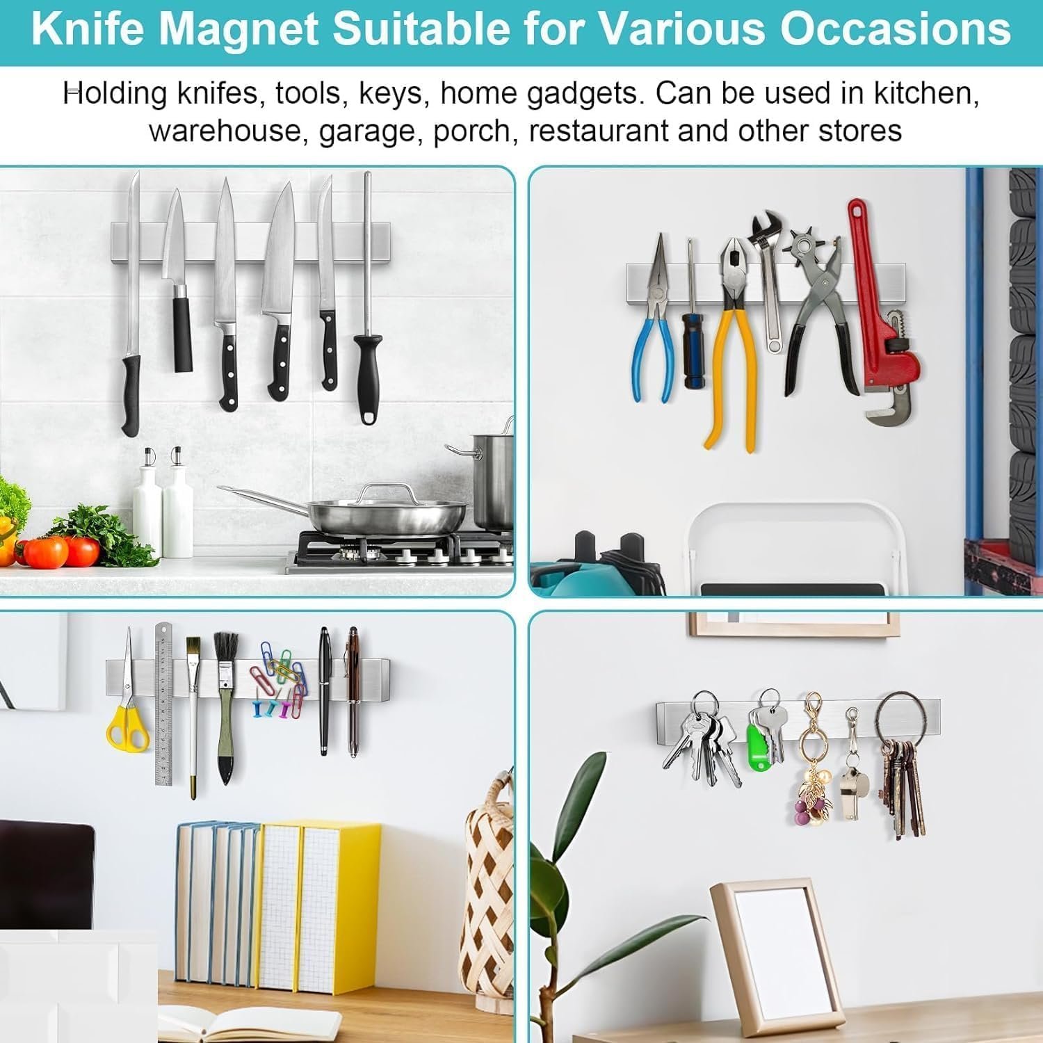 Magnetic Knife Holder for Wall, Knife Magnetic Strip Magnetic Knife Holder for Refrigerator Mount Knife Rack Kitchen Utensil Holder Metal Tool Holder Knife Block Kitchen Organizers Accessories 10 Inch - Image 2