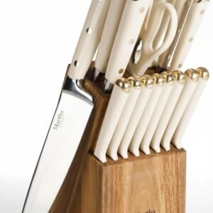 Martha Stewart 16 Piece Lockton High Carbon Stainless Steel Cutlery Kitchen Knife Block Set W/ABS Tripe Riveted Forged Handle Acacia Wood Block - Linen White W/Gold