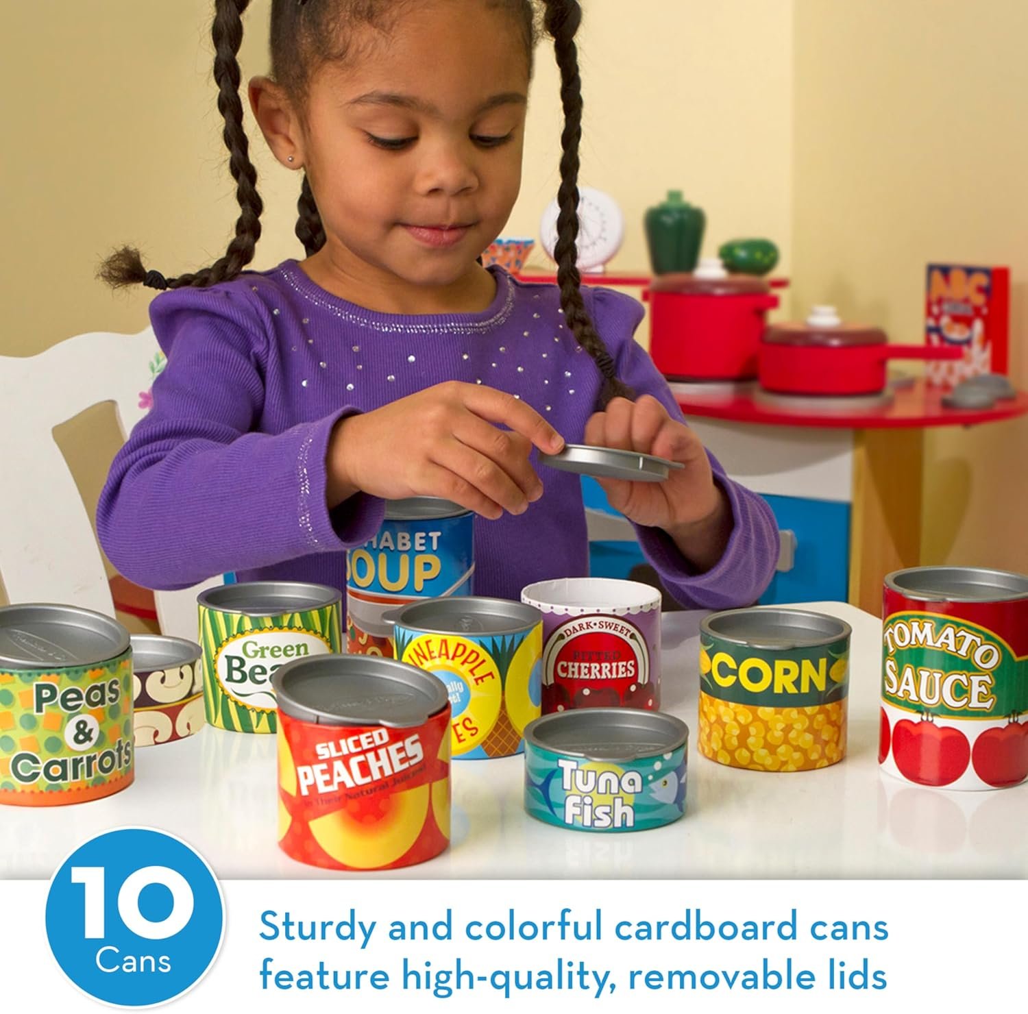 Melissa & Doug Let's Play House, 10 Grocery Cans with Removable Lids, Toy Food & Play Kitchen Accessories, Preschool Learning Toys for Girls & Boys 3+ - Image 2