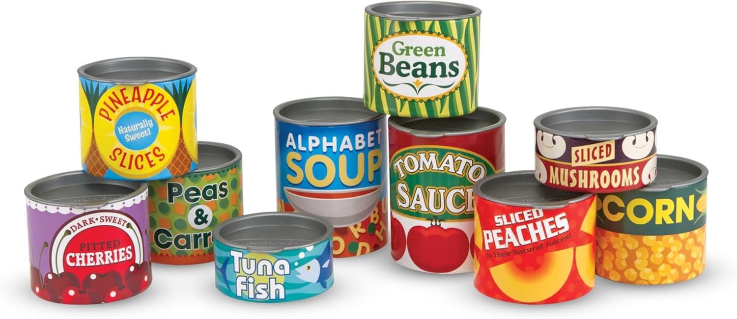 Melissa & Doug Let's Play House, 10 Grocery Cans with Removable Lids, Toy Food & Play Kitchen Accessories, Preschool Learning Toys for Girls & Boys 3+