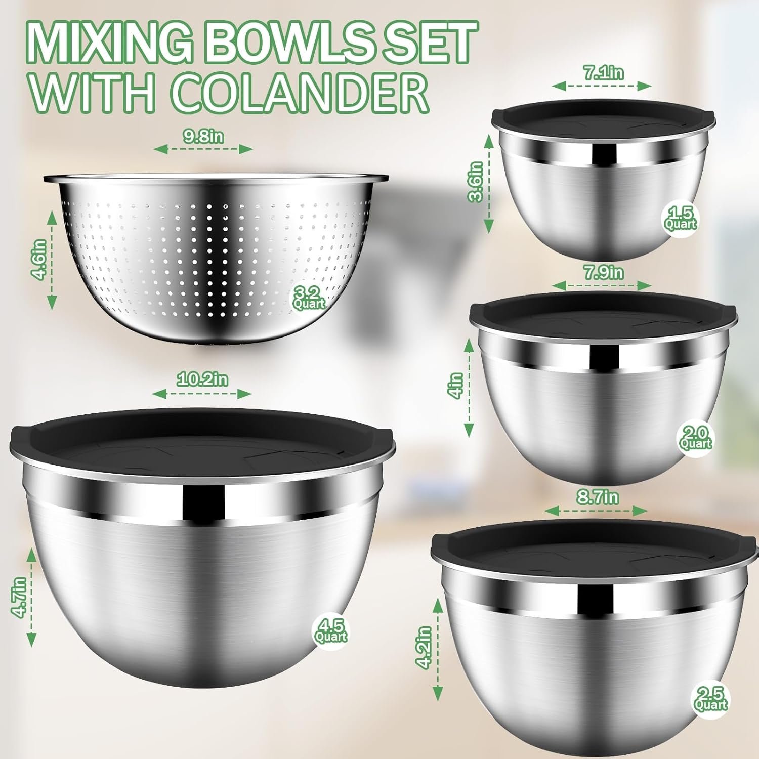 Mixing Bowls with Lids Set, Stainless Steel Mixing Bowls with Colander, Strainer with Mixing Bowl Set, Kitchen Gadgets Bowl Christams Gift, Size 4.5, 2.5, 2, 1.5QT - Black - Image 2