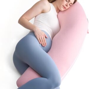Momcozy Body Pillow for Pregnancy, J Shaped Pregnancy Pillows for Side Sleeping, Soft Maternity Pillow with Jersey Cotton Cover for Head Neck Belly Support, Pink