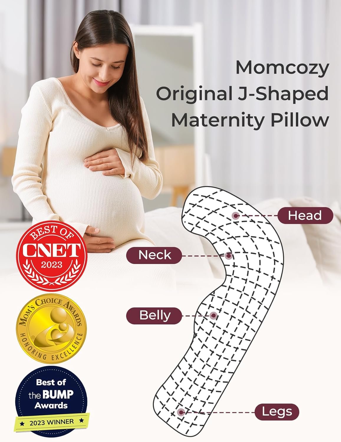 Momcozy Body Pillow for Pregnancy, J Shaped Pregnancy Pillows for Side Sleeping, Soft Maternity Pillow with Jersey Cotton Cover for Head Neck Belly Support, Pink - Image 2