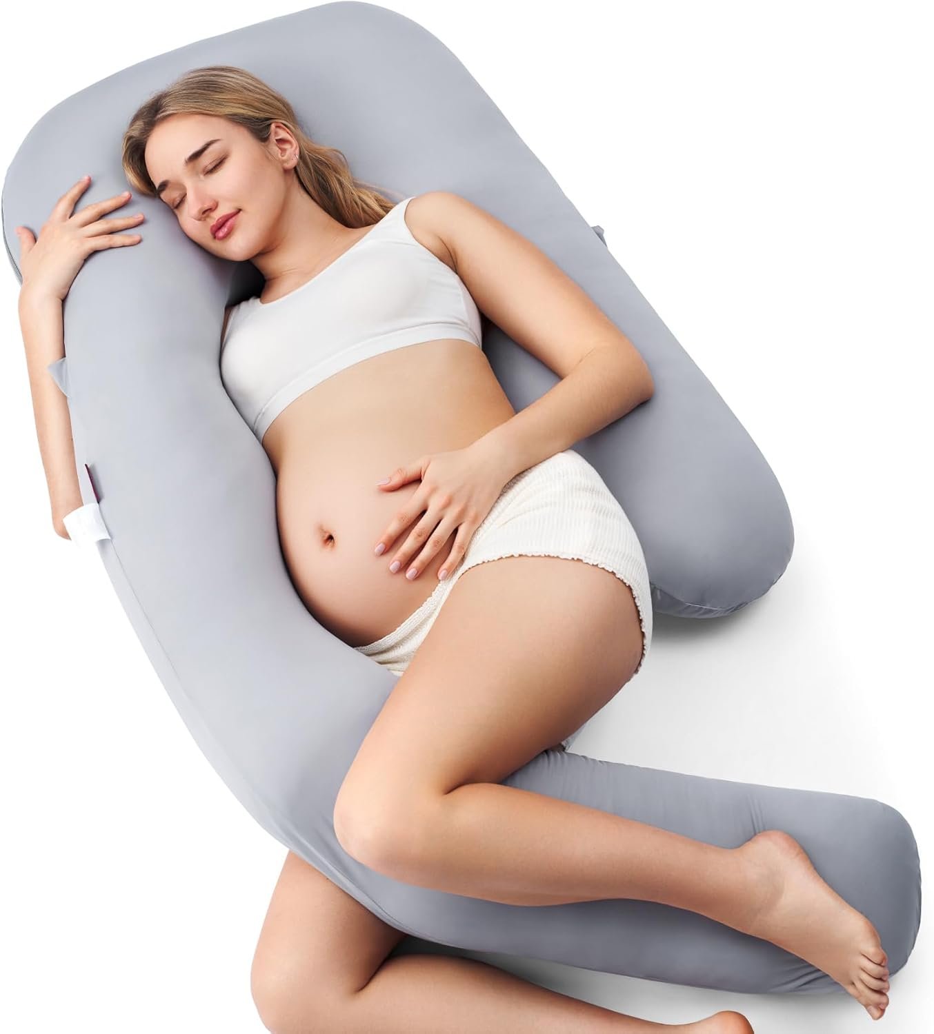 Momcozy Pregnancy Pillow with Cooling Cover, Dreamlign U Pro Maternity Pillow with Adjustable Leg Pillow - Support for Back, HIPS, Belly, Legs for Pregnant Women, 50-72 Inch Full Body Pillow, Grey